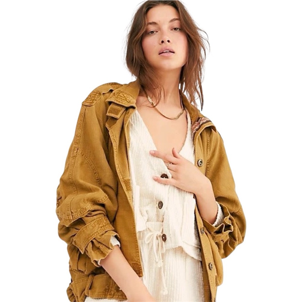 Free People Jayde Safari Brown Embroidered Bomber Jacket
